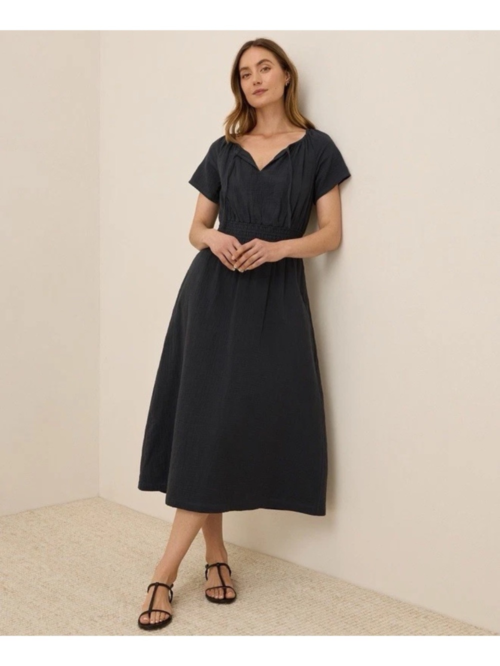Pact coastal double gauze midi dress in soft black sz M